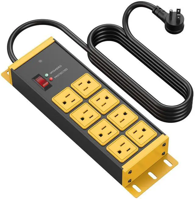Main image of Magnetic Heavy Duty Power Strip, 8 Ports. Yellow, 4FT, 1. | Extension Cord with Multiple Outlets, Garage, Industrial, Shop, Wall Mount Plug Extender, Grounding, Surge Protection