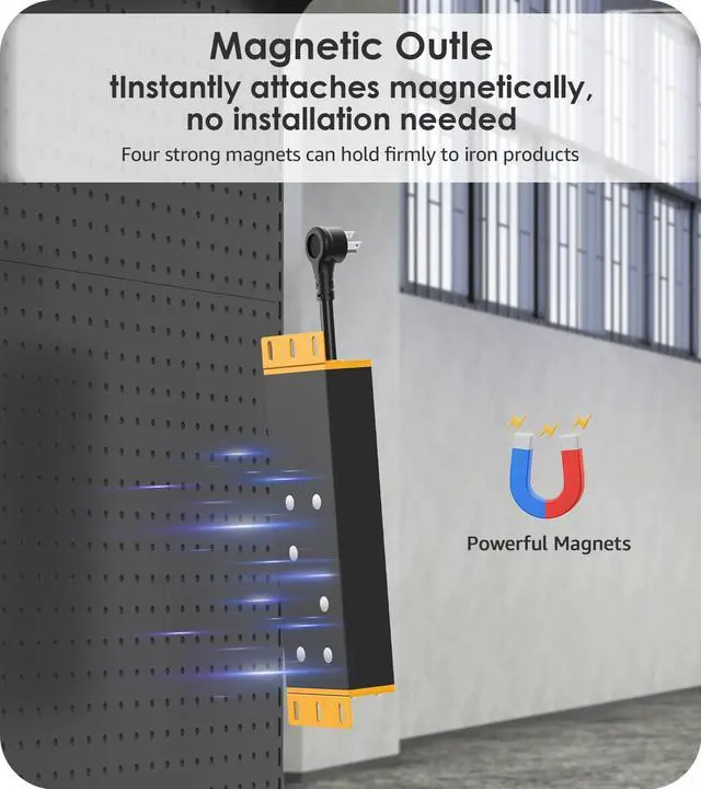 Alt view image 2 of 7 - Magnetic Heavy Duty Power Strip, 8 Ports. Yellow, 4FT, 1. | Extension Cord with Multiple Outlets, Garage, Industrial, Shop, Wall Mount Plug Extender, Grounding, Surge Protection