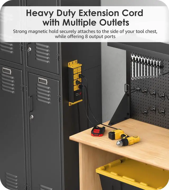 Alt view image 6 of 7 - Magnetic Heavy Duty Power Strip, 8 Ports. Yellow, 4FT, 1. | Extension Cord with Multiple Outlets, Garage, Industrial, Shop, Wall Mount Plug Extender, Grounding, Surge Protection