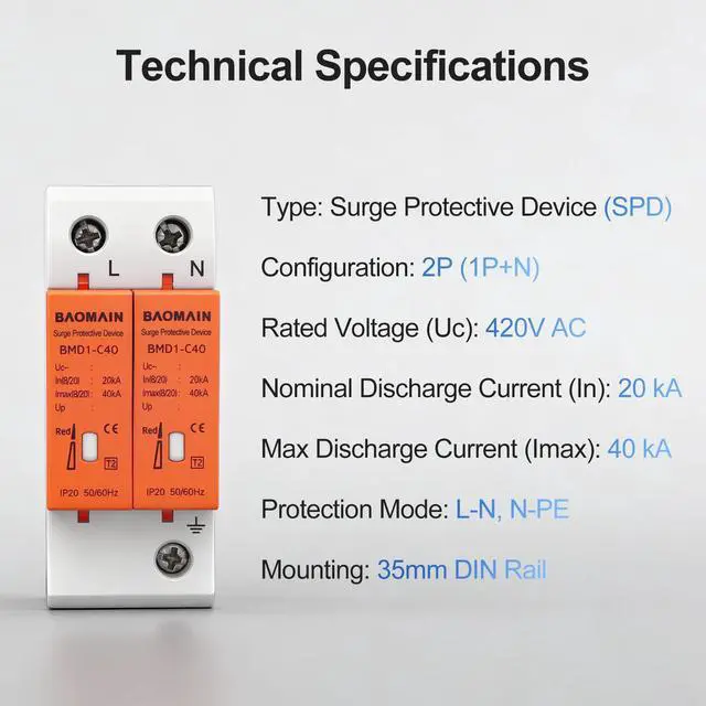 Alt view image 2 of 7 - 2P AC Surge Protective Device 420V 40kA Single-Phase DIN Rail SPD | BMD1-C40 1P+N single-phase 420V AC 40kA surge protector with neutral protection and flame-retardant DIN rail housing