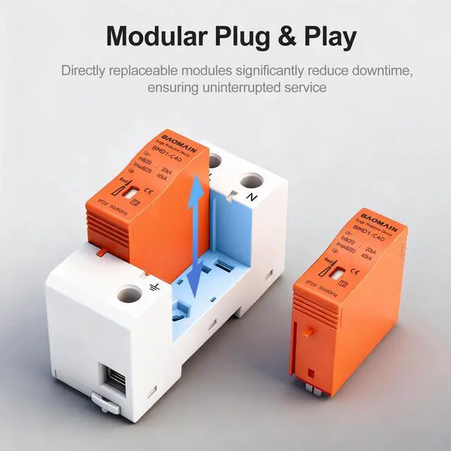 Alt view image 6 of 7 - 2P AC Surge Protective Device 420V 40kA Single-Phase DIN Rail SPD | BMD1-C40 1P+N single-phase 420V AC 40kA surge protector with neutral protection and flame-retardant DIN rail housing