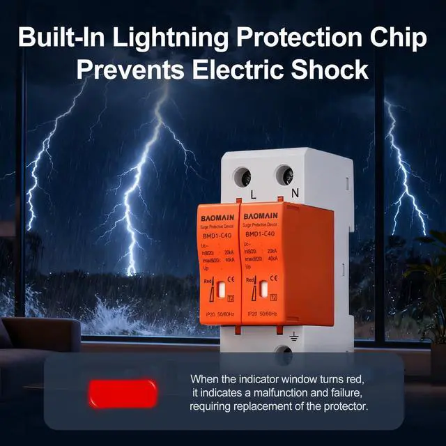 Alt view image 5 of 7 - 2P AC Surge Protective Device 420V 40kA Single-Phase DIN Rail SPD | BMD1-C40 1P+N single-phase 420V AC 40kA surge protector with neutral protection and flame-retardant DIN rail housing