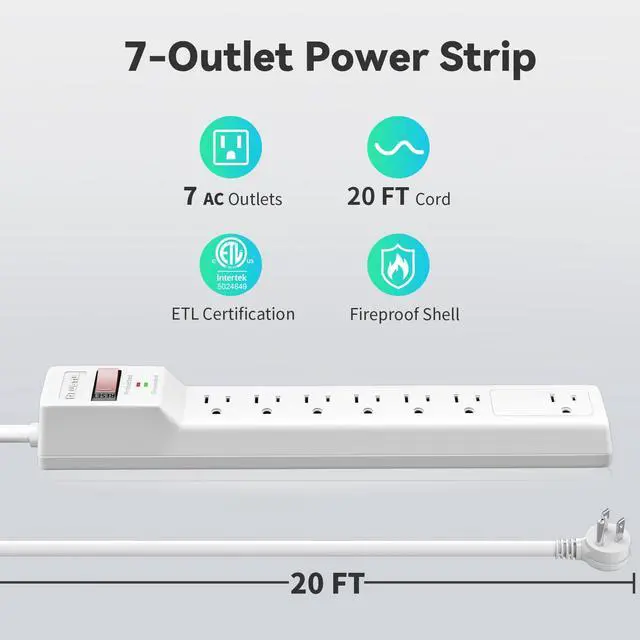 Alt view image 2 of 7 - Surge Protector 20FT (980 Joules) | Flat Plug Power Strip, Extension Cord with Multiple Outlets, 7 Outlets, ETL Listed, 14 Gauge, Wall Mountable, White