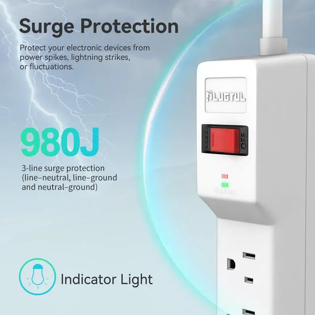 Alt view image 4 of 7 - Surge Protector 20FT (980 Joules) | Flat Plug Power Strip, Extension Cord with Multiple Outlets, 7 Outlets, ETL Listed, 14 Gauge, Wall Mountable, White
