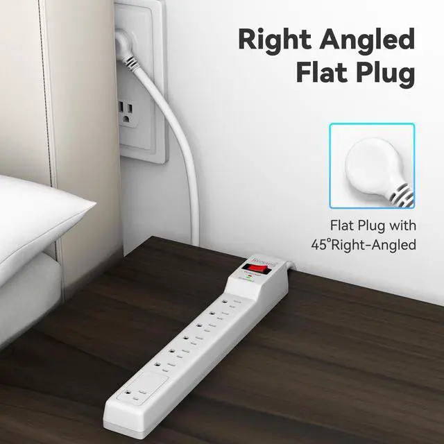 Alt view image 5 of 7 - Surge Protector 20FT (980 Joules) | Flat Plug Power Strip, Extension Cord with Multiple Outlets, 7 Outlets, ETL Listed, 14 Gauge, Wall Mountable, White