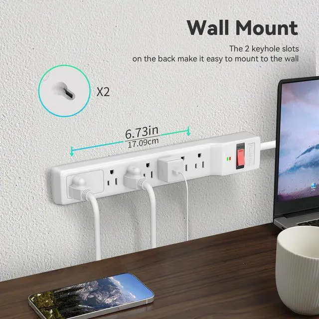 Alt view image 7 of 7 - Surge Protector 20FT (980 Joules) | Flat Plug Power Strip, Extension Cord with Multiple Outlets, 7 Outlets, ETL Listed, 14 Gauge, Wall Mountable, White