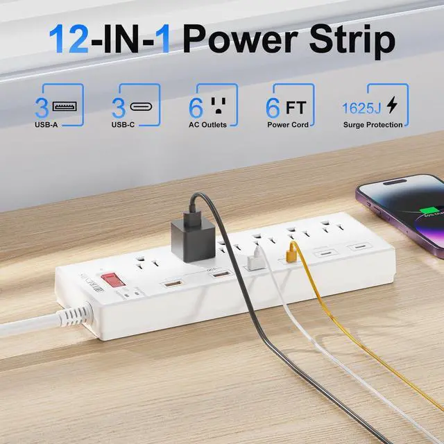 Alt view image 2 of 7 - Power Strip, Surge Protector with 6 AC Outlets & 6 USB Ports (3 USB-C & 3 USB-A), 20W PD Fast Charging USB-C, 6 Ft Flat Plug Extension Cord with Multiple Outlet, 1625W/13A, for Home Office