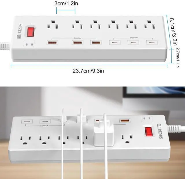 Alt view image 3 of 7 - Power Strip, Surge Protector with 6 AC Outlets & 6 USB Ports (3 USB-C & 3 USB-A), 20W PD Fast Charging USB-C, 6 Ft Flat Plug Extension Cord with Multiple Outlet, 1625W/13A, for Home Office