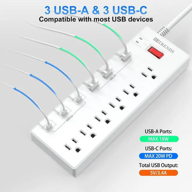 Alt view image 4 of 7 - Power Strip, Surge Protector with 6 AC Outlets & 6 USB Ports (3 USB-C & 3 USB-A), 20W PD Fast Charging USB-C, 6 Ft Flat Plug Extension Cord with Multiple Outlet, 1625W/13A, for Home Office