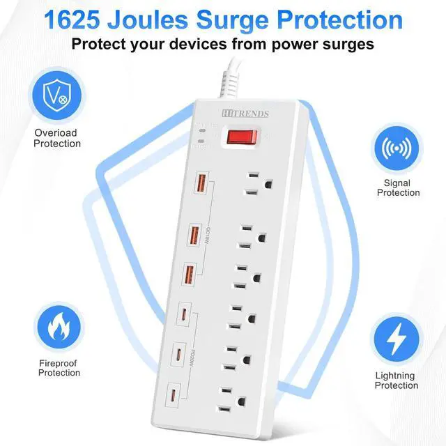 Alt view image 5 of 7 - Power Strip, Surge Protector with 6 AC Outlets & 6 USB Ports (3 USB-C & 3 USB-A), 20W PD Fast Charging USB-C, 6 Ft Flat Plug Extension Cord with Multiple Outlet, 1625W/13A, for Home Office