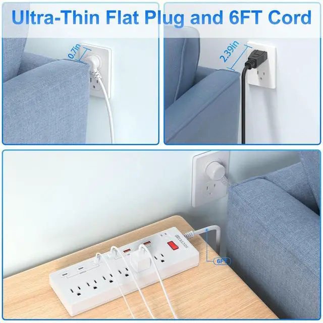Alt view image 7 of 7 - Power Strip, Surge Protector with 6 AC Outlets & 6 USB Ports (3 USB-C & 3 USB-A), 20W PD Fast Charging USB-C, 6 Ft Flat Plug Extension Cord with Multiple Outlet, 1625W/13A, for Home Office