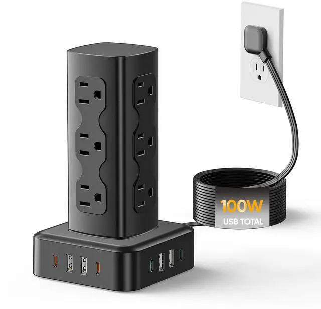Main image of Power Strip Tower, 100W USB Charging Station Tower 12 AC Outlets | 8 USB Ports (4 USB C), 6 Ft Flat Plug Extension Cord with Multiple Outlets, Home Office Dorm Room Essentials, Black