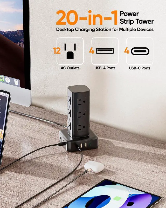 Alt view image 2 of 6 - Power Strip Tower, 100W USB Charging Station Tower 12 AC Outlets | 8 USB Ports (4 USB C), 6 Ft Flat Plug Extension Cord with Multiple Outlets, Home Office Dorm Room Essentials, Black