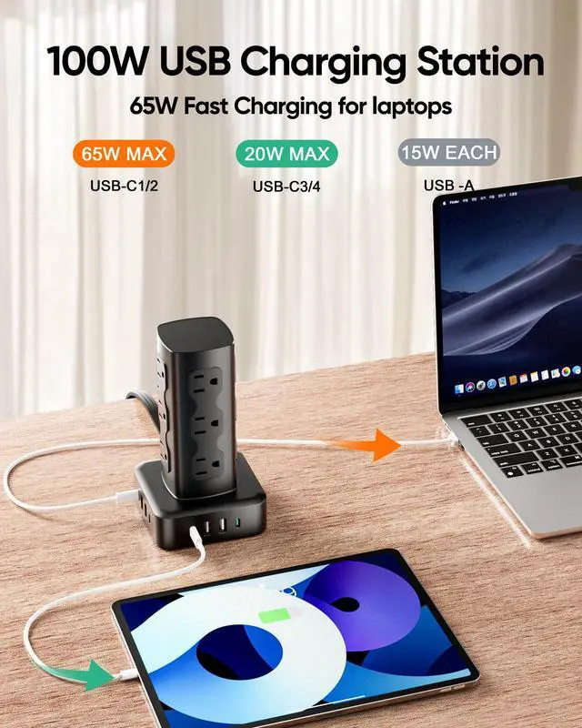 Alt view image 3 of 6 - Power Strip Tower, 100W USB Charging Station Tower 12 AC Outlets | 8 USB Ports (4 USB C), 6 Ft Flat Plug Extension Cord with Multiple Outlets, Home Office Dorm Room Essentials, Black