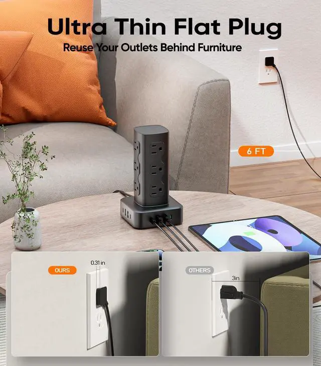 Alt view image 4 of 6 - Power Strip Tower, 100W USB Charging Station Tower 12 AC Outlets | 8 USB Ports (4 USB C), 6 Ft Flat Plug Extension Cord with Multiple Outlets, Home Office Dorm Room Essentials, Black