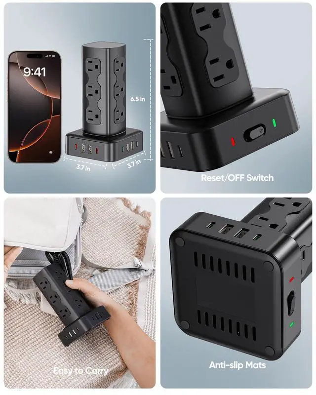 Alt view image 5 of 6 - Power Strip Tower, 100W USB Charging Station Tower 12 AC Outlets | 8 USB Ports (4 USB C), 6 Ft Flat Plug Extension Cord with Multiple Outlets, Home Office Dorm Room Essentials, Black