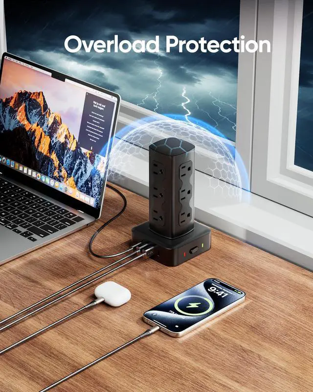 Alt view image 6 of 6 - Power Strip Tower, 100W USB Charging Station Tower 12 AC Outlets | 8 USB Ports (4 USB C), 6 Ft Flat Plug Extension Cord with Multiple Outlets, Home Office Dorm Room Essentials, Black