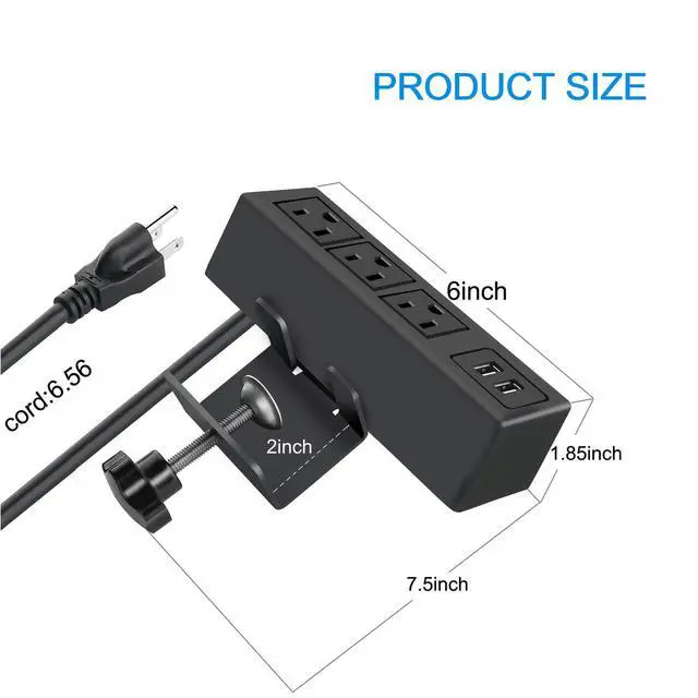 Alt view image 3 of 7 - 3 Outlet Desk Clamp Power Strip with USB Ports, Desktop Power Strip Surge Protector 1200J. Table Mount Charging Power Station, on Edge Power Outlet 125V 12A 1500W