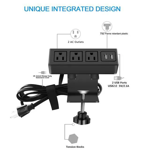 Alt view image 4 of 7 - 3 Outlet Desk Clamp Power Strip with USB Ports, Desktop Power Strip Surge Protector 1200J. Table Mount Charging Power Station, on Edge Power Outlet 125V 12A 1500W