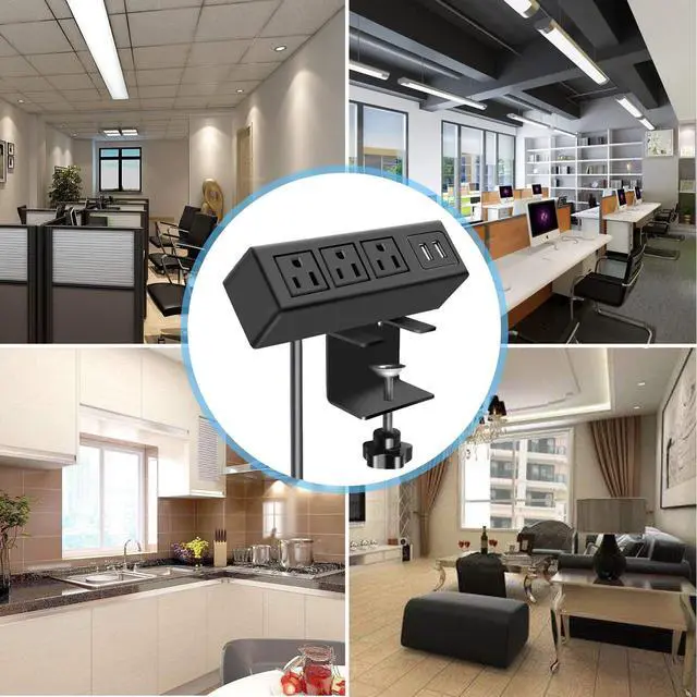 Alt view image 7 of 7 - 3 Outlet Desk Clamp Power Strip with USB Ports, Desktop Power Strip Surge Protector 1200J. Table Mount Charging Power Station, on Edge Power Outlet 125V 12A 1500W