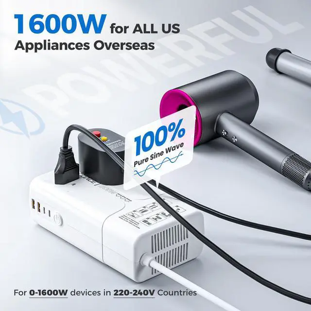 Alt view image 2 of 7 - 1600W Pure Sine Wave Voltage Converter US to Europe for Hair Dryer Straightener Curling Iron-220V to 110V Converter for European Travel, 6 in1 Power Converter Adapter Combo with UK/AU/EU Plug Adapters