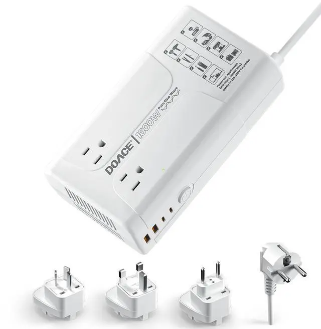 Main image of 1600W Pure Sine Wave Voltage Converter US to Europe for Hair Dryer Straightener Curling Iron-220V to 110V Converter for European Travel, 6 in1 Power Converter Adapter Combo with UK/AU/EU Plug Adapters