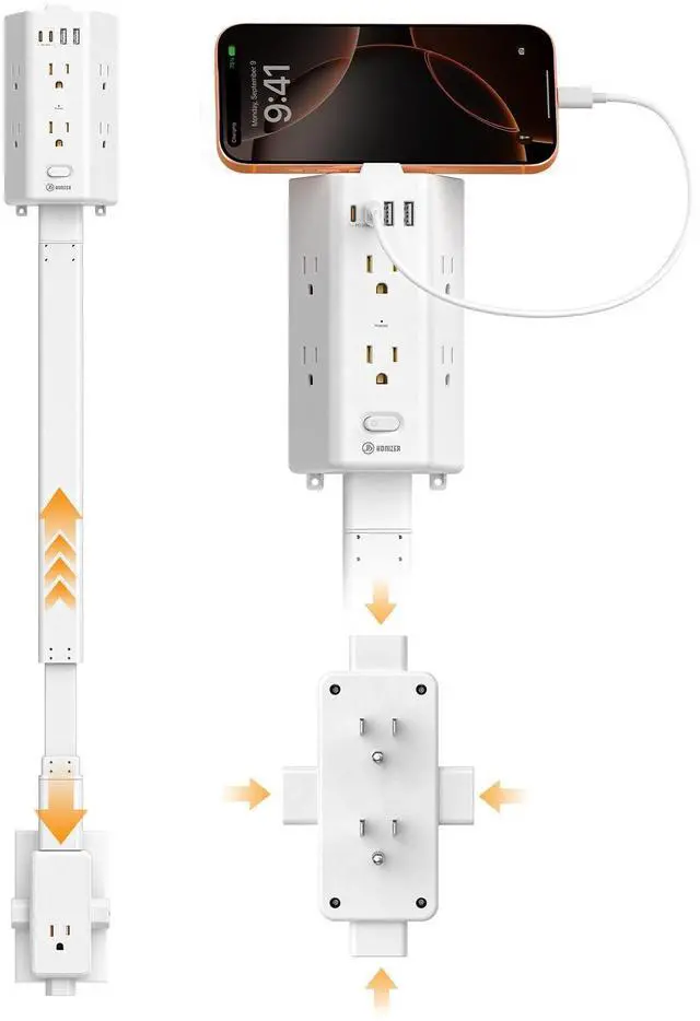 Main image of Flat Outlet Extender Stick,6 Widely Outlets,20W USBC,Extendable 26"-35.4" | Adjustable Wall Outlet for Behind Couch Bed TV Dresser Desk Dorm,3 Side Plug Outlet&Phone Ledge,Sag-Free 4 Way Fixed