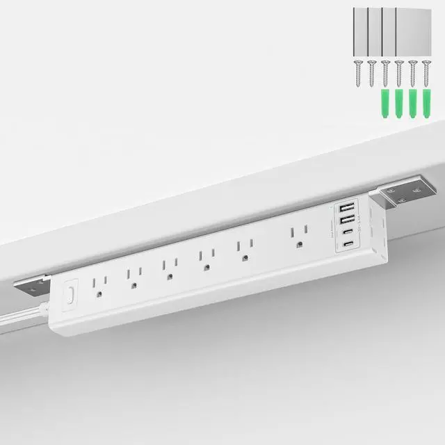 Main image of 360° Mountable Surge Protector Power Strip, 6AC+4USB (2 USB-C PD20W), 6FT Flat Plug Extension Cord Under Desk/Wall/Corner Mount for Home/Office/Gaming/Kitchen