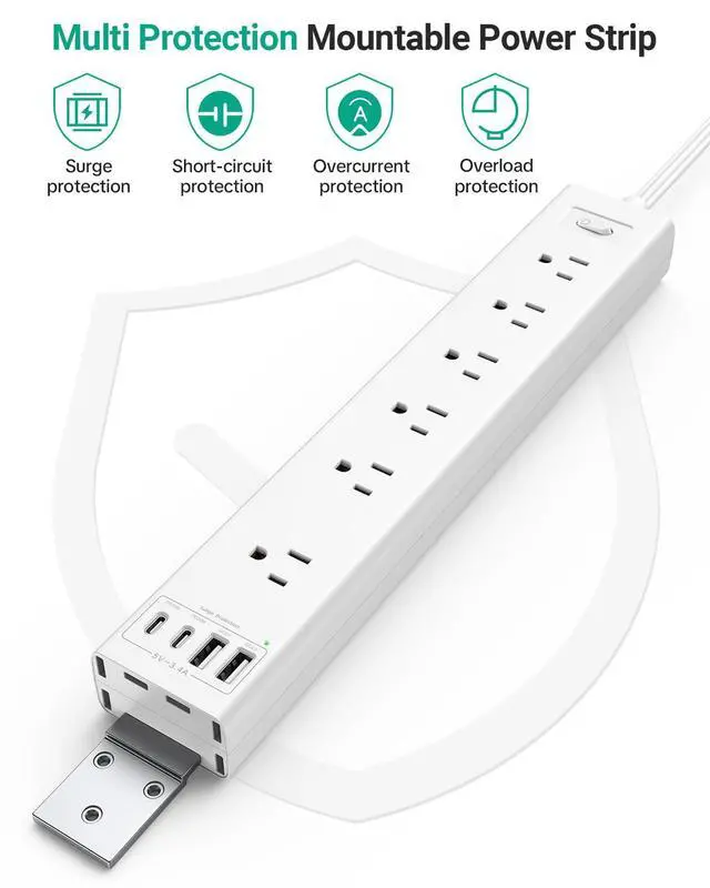 Alt view image 2 of 7 - 360° Mountable Surge Protector Power Strip, 6AC+4USB (2 USB-C PD20W), 6FT Flat Plug Extension Cord Under Desk/Wall/Corner Mount for Home/Office/Gaming/Kitchen