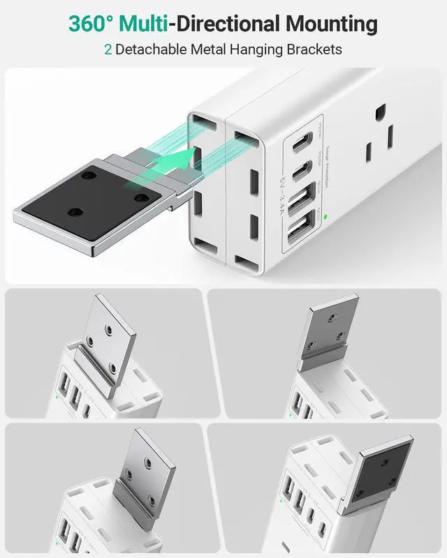 Alt view image 3 of 7 - 360° Mountable Surge Protector Power Strip, 6AC+4USB (2 USB-C PD20W), 6FT Flat Plug Extension Cord Under Desk/Wall/Corner Mount for Home/Office/Gaming/Kitchen