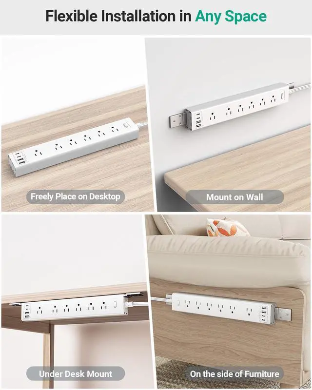 Alt view image 4 of 7 - 360° Mountable Surge Protector Power Strip, 6AC+4USB (2 USB-C PD20W), 6FT Flat Plug Extension Cord Under Desk/Wall/Corner Mount for Home/Office/Gaming/Kitchen