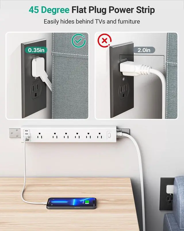 Alt view image 5 of 7 - 360° Mountable Surge Protector Power Strip, 6AC+4USB (2 USB-C PD20W), 6FT Flat Plug Extension Cord Under Desk/Wall/Corner Mount for Home/Office/Gaming/Kitchen