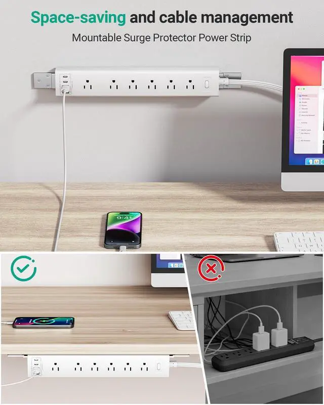 Alt view image 6 of 7 - 360° Mountable Surge Protector Power Strip, 6AC+4USB (2 USB-C PD20W), 6FT Flat Plug Extension Cord Under Desk/Wall/Corner Mount for Home/Office/Gaming/Kitchen