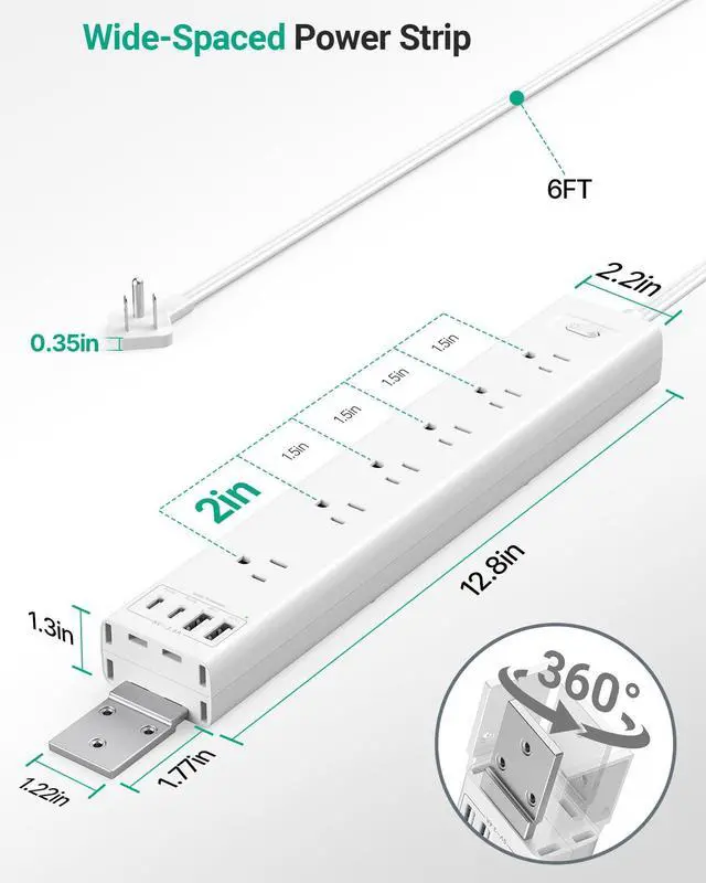 Alt view image 7 of 7 - 360° Mountable Surge Protector Power Strip, 6AC+4USB (2 USB-C PD20W), 6FT Flat Plug Extension Cord Under Desk/Wall/Corner Mount for Home/Office/Gaming/Kitchen