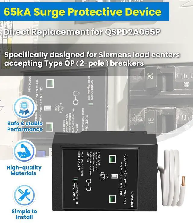 Alt view image 2 of 7 - Replacement for Siemens QSPD2A065P Plug-in Surge Protection Device, 2-Pole 65kA 120/240V, 1Ø, 3W, Fits Siemens Type QP Load Centers, Whole House Power Spike Protection, LED Indicator & Audible Alarm
