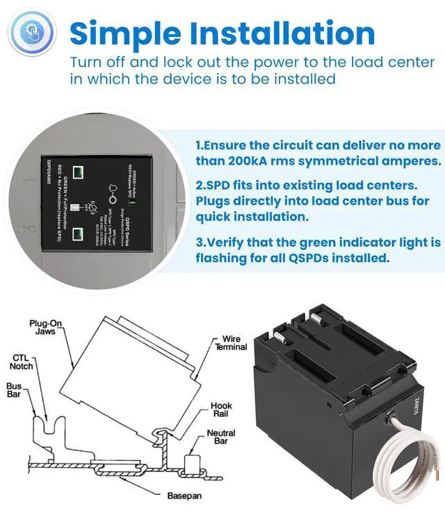 Alt view image 7 of 7 - Replacement for Siemens QSPD2A065P Plug-in Surge Protection Device, 2-Pole 65kA 120/240V, 1Ø, 3W, Fits Siemens Type QP Load Centers, Whole House Power Spike Protection, LED Indicator & Audible Alarm