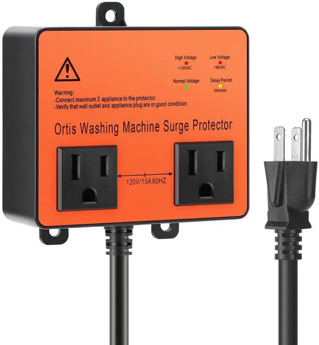 Main image of Washing Machine Surge Protector, Double Outlet Voltage Protector for Home Appliances with Time Delay, Protects Against Brownout, Spike, Instant Surge All Voltage Abnormalities, Orange