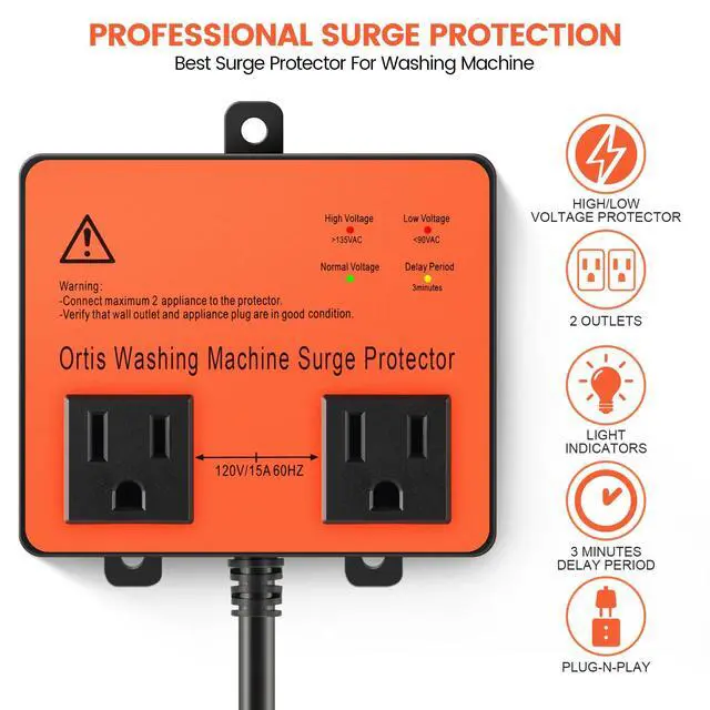 Alt view image 2 of 7 - Washing Machine Surge Protector, Double Outlet Voltage Protector for Home Appliances with Time Delay, Protects Against Brownout, Spike, Instant Surge All Voltage Abnormalities, Orange