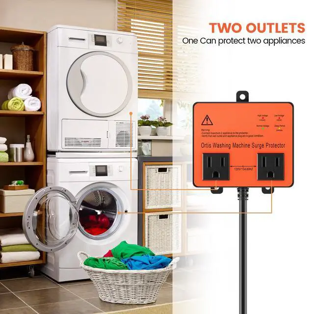 Alt view image 3 of 7 - Washing Machine Surge Protector, Double Outlet Voltage Protector for Home Appliances with Time Delay, Protects Against Brownout, Spike, Instant Surge All Voltage Abnormalities, Orange