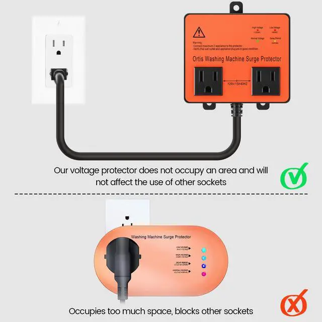 Alt view image 5 of 7 - Washing Machine Surge Protector, Double Outlet Voltage Protector for Home Appliances with Time Delay, Protects Against Brownout, Spike, Instant Surge All Voltage Abnormalities, Orange