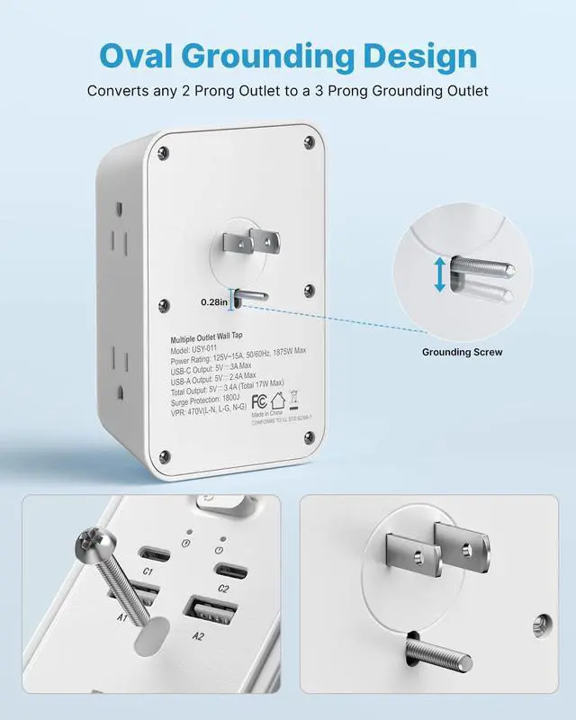 Alt view image 4 of 7 - 2 Prong to 3 Prong Outlet Adapter, 2 Prong Outlet Extender with 5 AC | 5 Outlets, 4 USB(2 USB C), Widely Spaced Extender, Polarized Plug, 1800J Surge Protector, Mountable Wall Tap for Older House