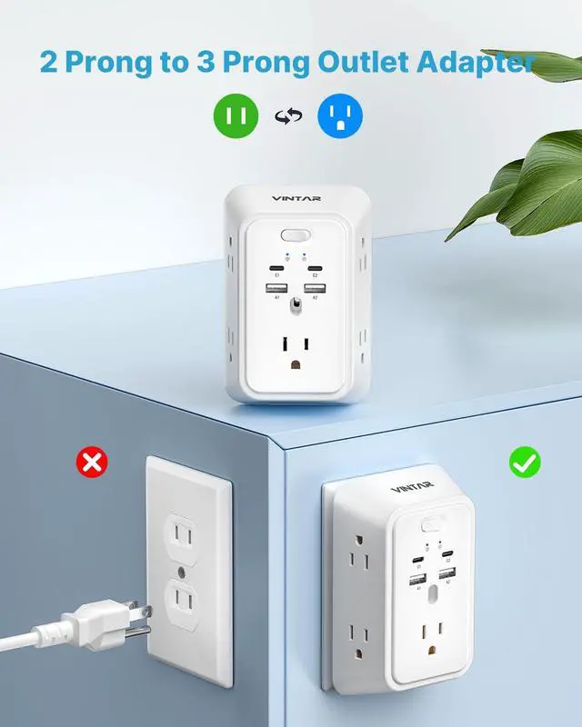 Alt view image 2 of 7 - 2 Prong to 3 Prong Outlet Adapter, 2 Prong Outlet Extender with 5 AC | 5 Outlets, 4 USB(2 USB C), Widely Spaced Extender, Polarized Plug, 1800J Surge Protector, Mountable Wall Tap for Older House