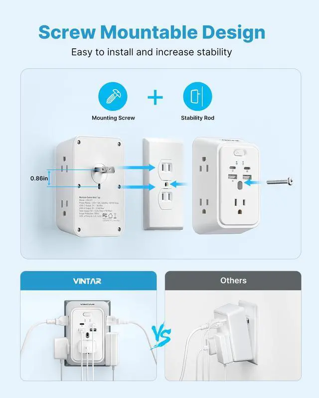 Alt view image 6 of 7 - 2 Prong to 3 Prong Outlet Adapter, 2 Prong Outlet Extender with 5 AC | 5 Outlets, 4 USB(2 USB C), Widely Spaced Extender, Polarized Plug, 1800J Surge Protector, Mountable Wall Tap for Older House