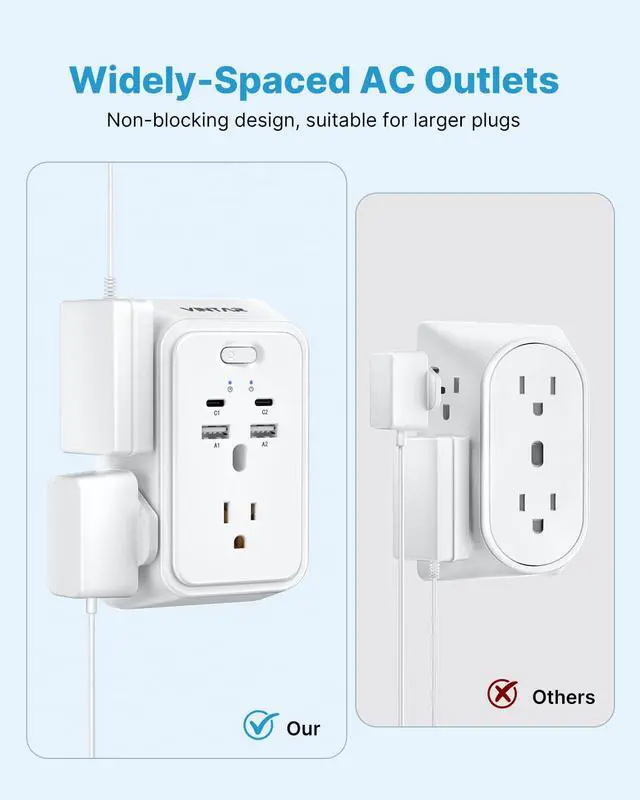Alt view image 7 of 7 - 2 Prong to 3 Prong Outlet Adapter, 2 Prong Outlet Extender with 5 AC | 5 Outlets, 4 USB(2 USB C), Widely Spaced Extender, Polarized Plug, 1800J Surge Protector, Mountable Wall Tap for Older House