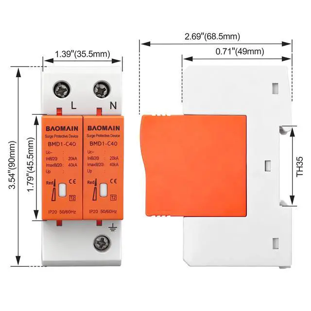 Alt view image 3 of 7 - 2P AC Surge Protective Device 420V 40kA Single-Phase DIN Rail SPD | BMD1-C40 1P+N single-phase 420V AC 40kA surge protector with neutral protection and flame-retardant DIN rail housing