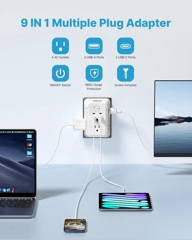 Alt view image 3 of 7 - 2 Prong to 3 Prong Outlet Adapter, 2 Prong Outlet Extender with 5 AC | 5 Outlets, 4 USB(2 USB C), Widely Spaced Extender, Polarized Plug, 1800J Surge Protector, Mountable Wall Tap for Older House