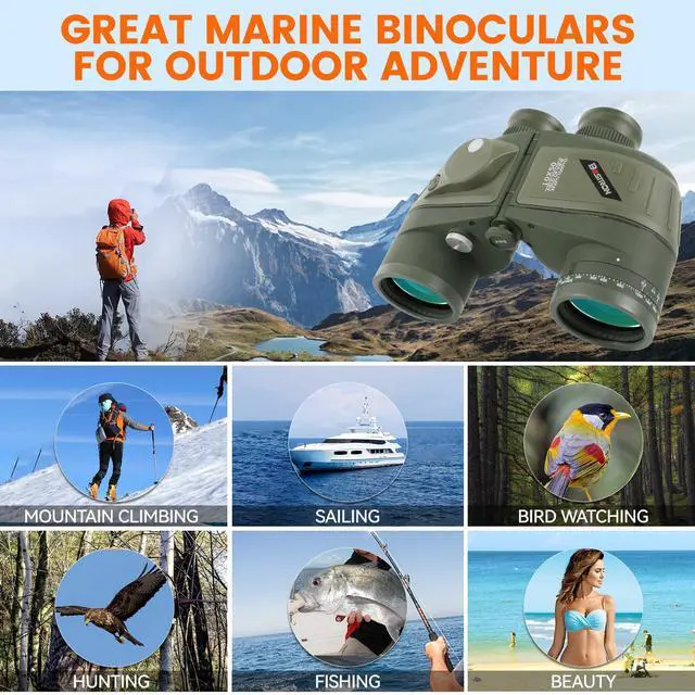 Alt view image 2 of 7 - 10x50 Marine Binoculars, IPX7 Waterproof Binoculars for Boating | Binoculars for Adults with Illuminated Rangefinder Compass BAK4 Prism FMC Lens for Sailing, Navigation, Bird Watching