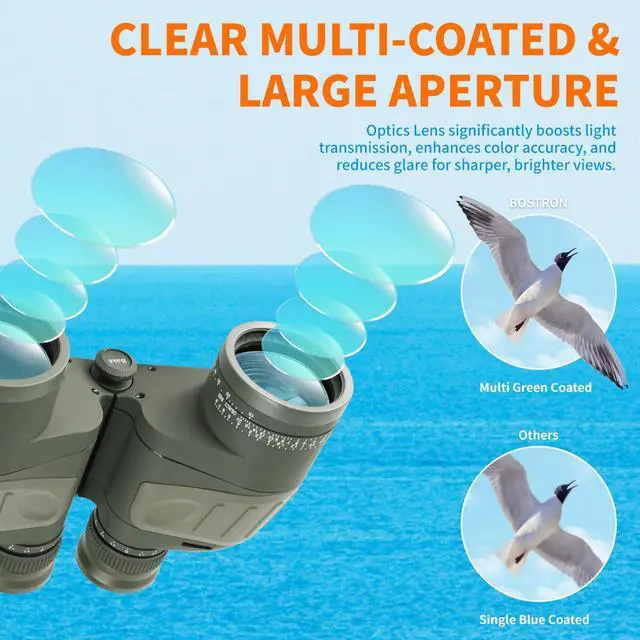Alt view image 5 of 7 - 10x50 Marine Binoculars, IPX7 Waterproof Binoculars for Boating | Binoculars for Adults with Illuminated Rangefinder Compass BAK4 Prism FMC Lens for Sailing, Navigation, Bird Watching
