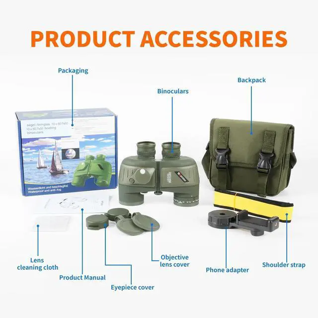 Alt view image 7 of 7 - 10x50 Marine Binoculars, IPX7 Waterproof Binoculars for Boating | Binoculars for Adults with Illuminated Rangefinder Compass BAK4 Prism FMC Lens for Sailing, Navigation, Bird Watching