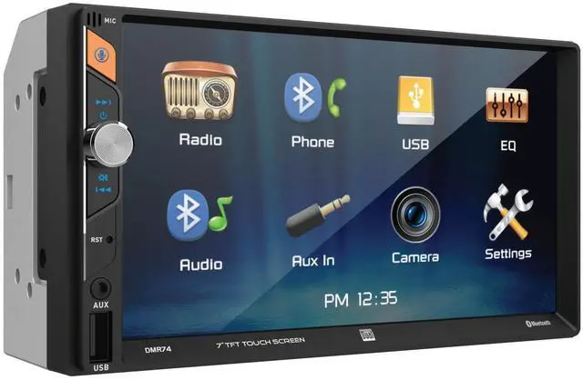 Main image of DMR74 7-Inch Touchscreen Double DIN Car Stereo, Bluetooth | Backup camera input, hands-free Bluetooth calling, USB playback & charge, push to talk voice assistant, no CD or DVD